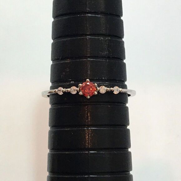 Sterling Silver Ring Size 7.75 925 Thin Band Red Cubic Zirconia CZ Dainty - Flaw - Picture 5 of 15